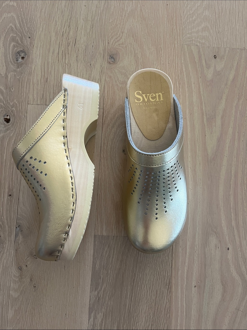 Sven Metallic Gold Perforated Leather Clogs